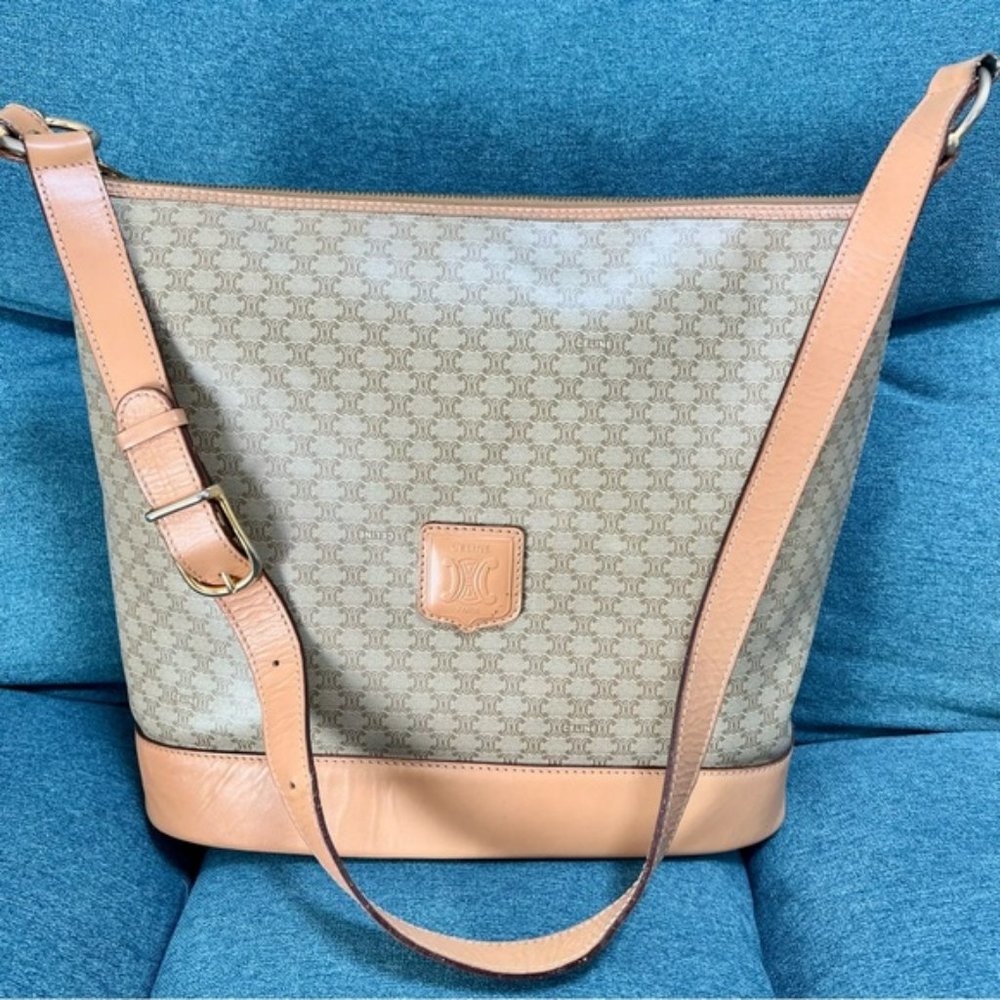 Celine Paris M14 Italy Macadam pattern PVC Razor Beige Leather Shoulder bag